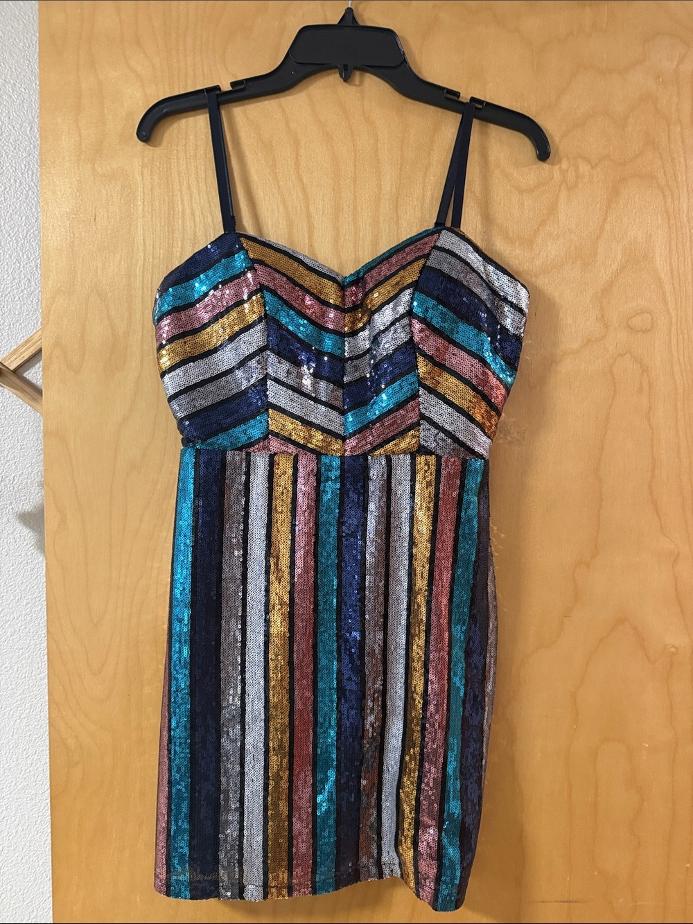 Sequined Multi-Stripe Spaghetti Strap Dress - Teal, Gold & Pink